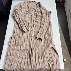 Theory Merino Wool Long Cardigan Wide Rib Tan Duster Sweater size S